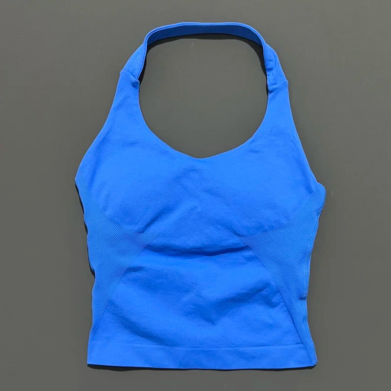 No Logo Women Halter Top Longline Strappy Tank Padded Yoga Clothing Fitness Running Activewear Gym Workout Tops - Daisan Mart