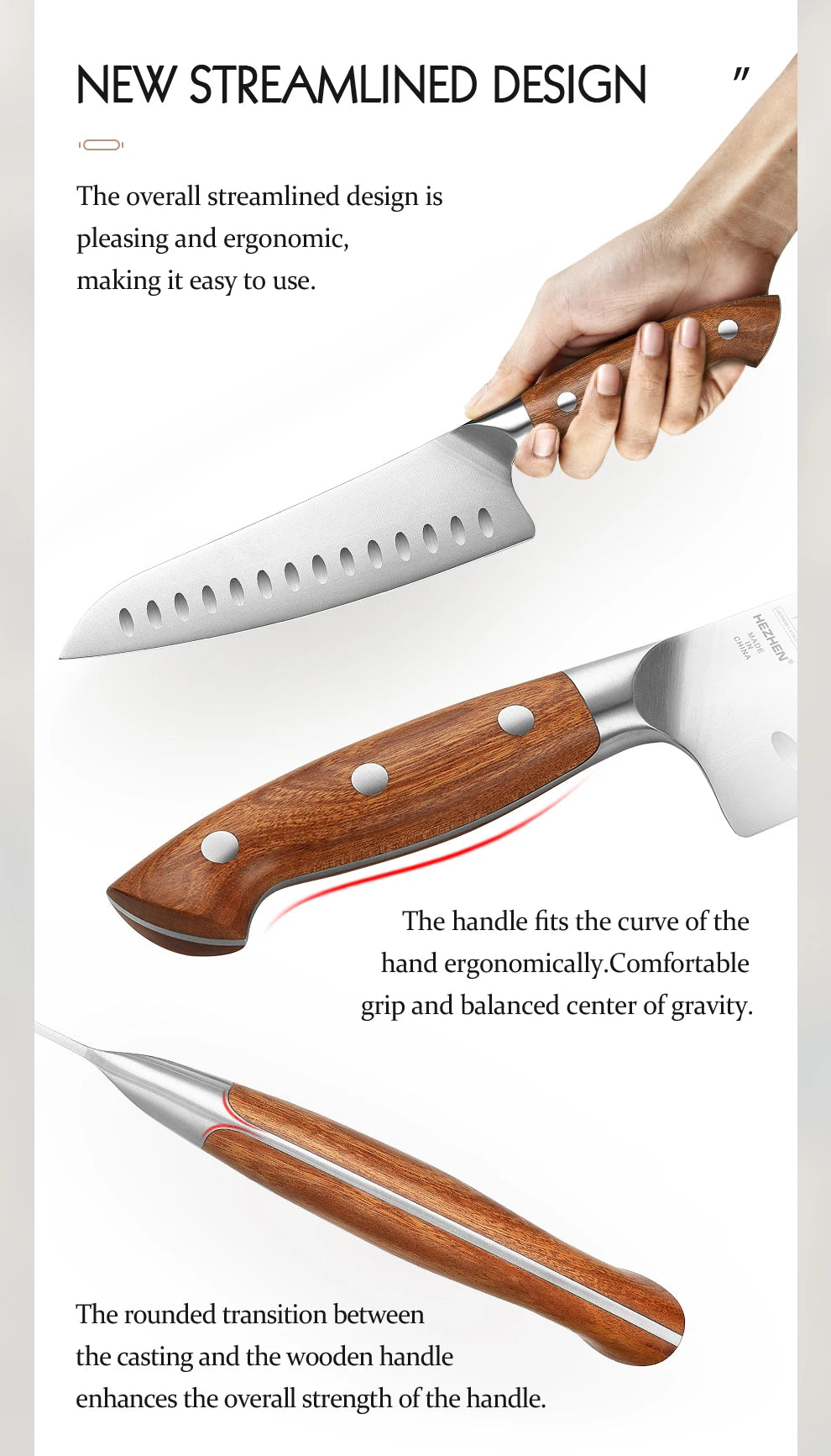 HEZHEN Kitchen Knife 8.1 Steel Blade High Quality Red Wood Handle