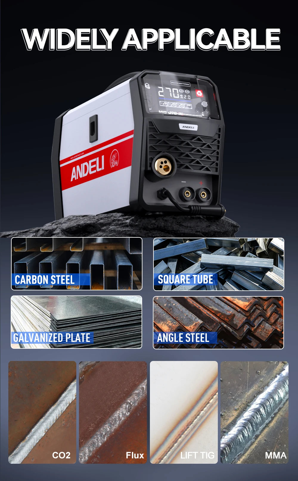 ANDELI Semi-automatic MIG welding machine MIG Lift TIG ARC Gas/Gasless Welding Inverter Synergy Multiprocess MIG Welders - Daisan Mart