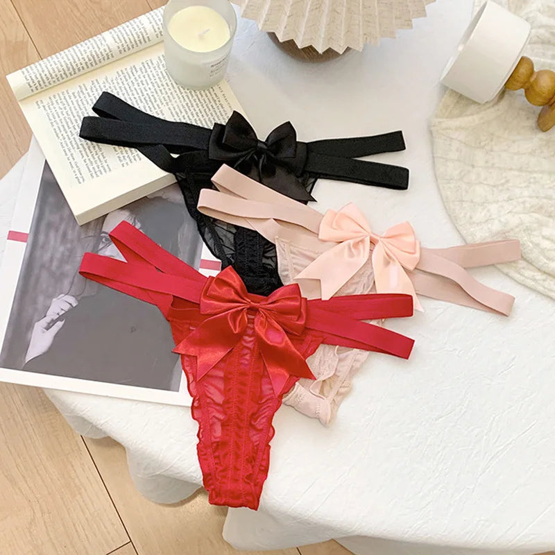 Lace Sexy Girls Briefs Women Panties Seamless Bowknot G String Thong Underwear Low Waist Female Adjustable Lingerie