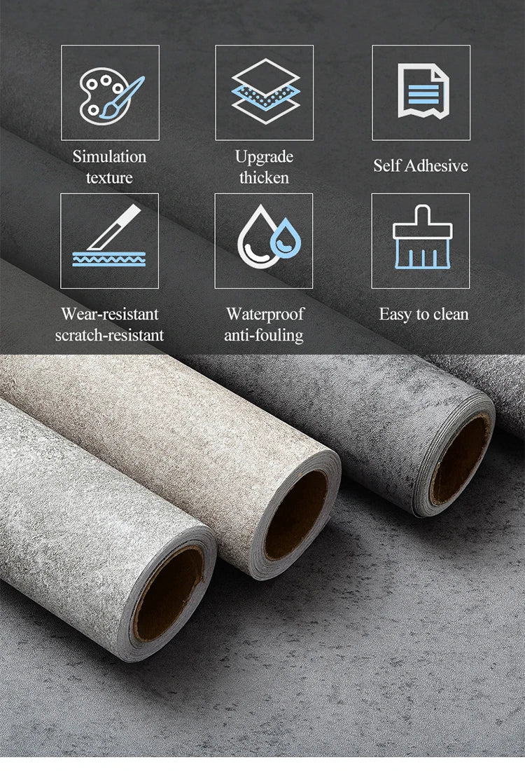 Retro Gray PVC Cement Wallpaper Self-Adhesive Waterproof Dark Gray Concrete Effect For Bedroom Living Room Decoration Stickers