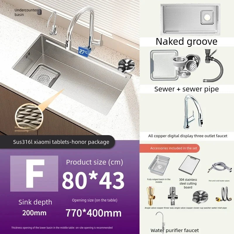 316L Stainless Steels Kitchen Sink Scratch and Grease Resistant Large Single Slot Household Left Right Mount Undermount Basin - Daisan Mart