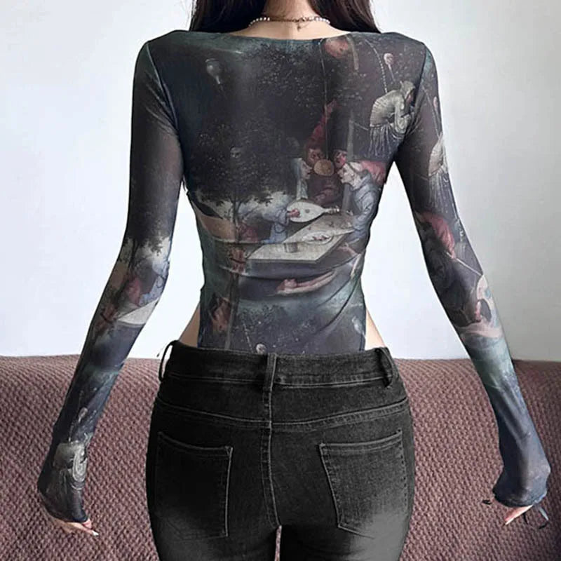 Goth Dark 90s Retro Print Mesh Long Sleeve Skinny Bodysuits Cyber ​​Y2K Sheer Tops Women Gothic Lace Patchwork Bodysuit Streetwear