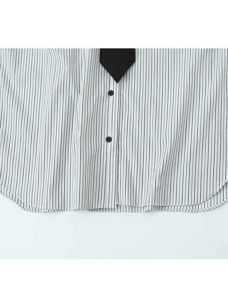 Women Shirt 2025 Women Autumn New Fashion Long Sleeves Button Striped Print Shirt With Tie Women Elegant Leisure Shirt