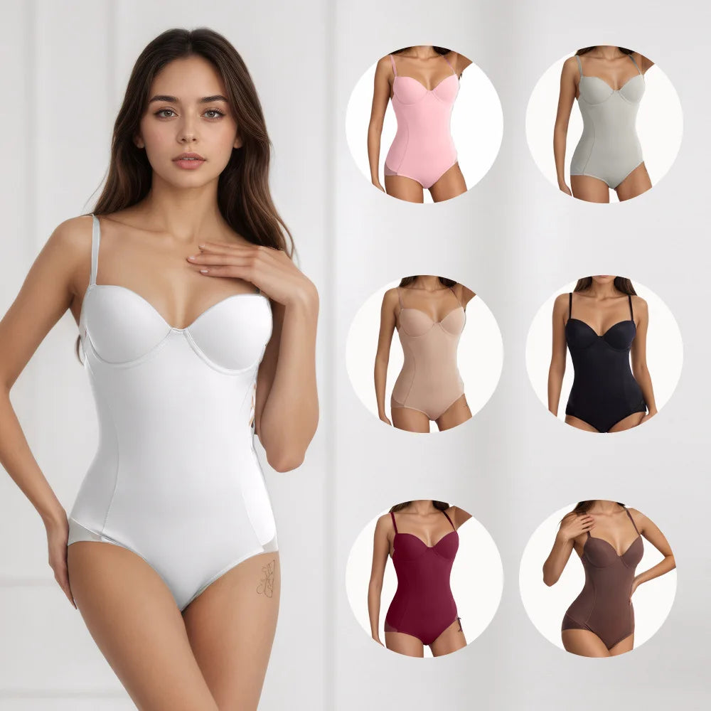 Người mẫu mặc áo liền trắng, bên cạnh là sáu mẫu áo liền khác màu: hồng, xám, nude, đen, đỏ, nâu.