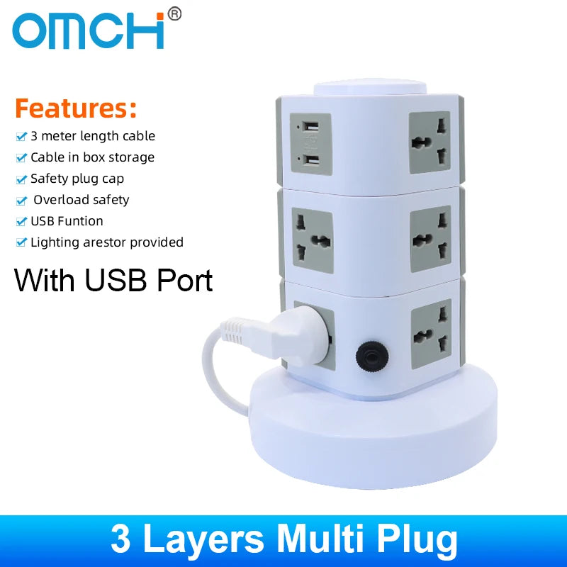 Ổ cắm tháp đa năng OMCH 4 USB, công tắc an toàn
