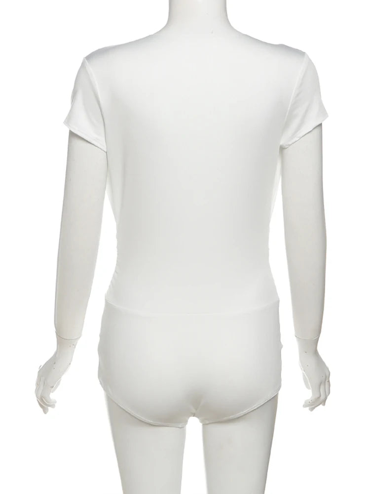 Nibber Deep v-Neck Bodysuits Women Folds Skinny High Elasticity Solid Simple Classic Sexy Midnight Summer Streetwear Outfits