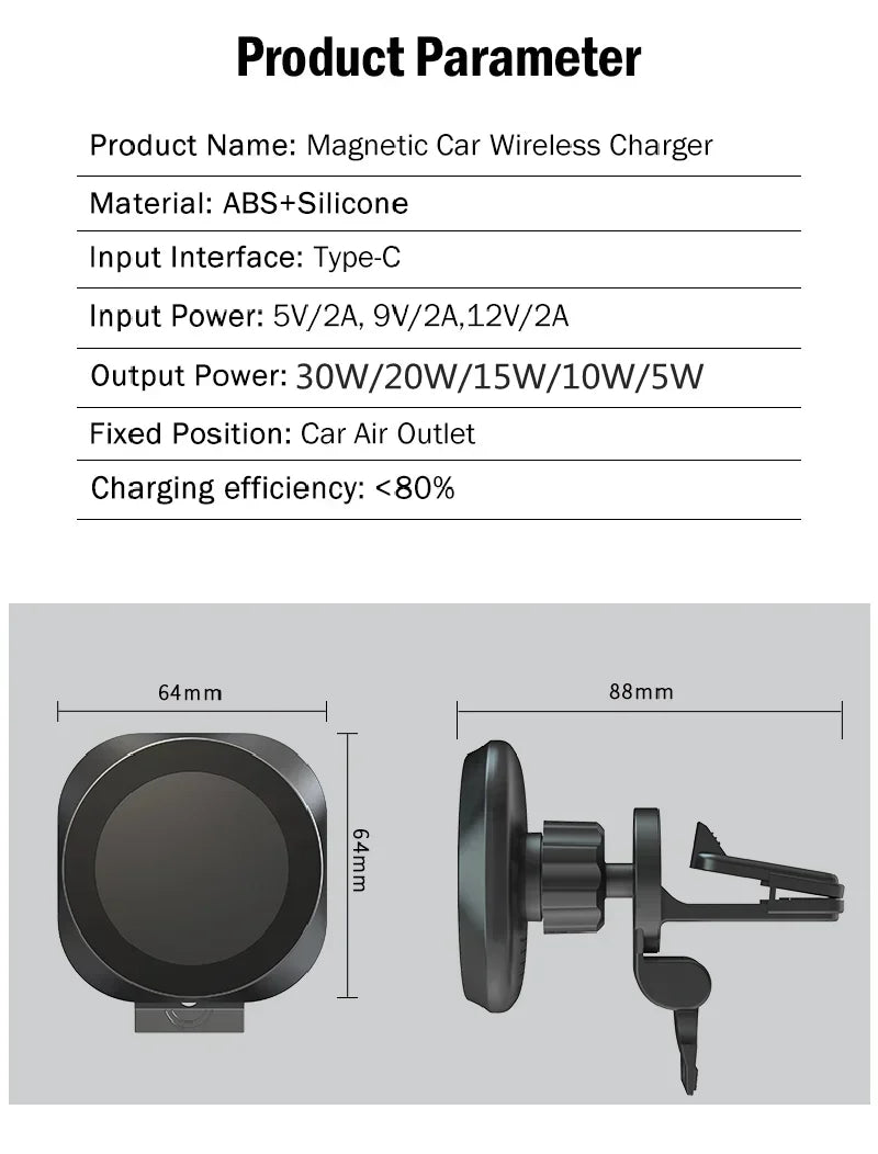Magnetic Car Wireless Charger Stand Phone Holder Air Vent Mount Clip Support In Car Fast Charging for iPhone 16-12 Pro Max Mini