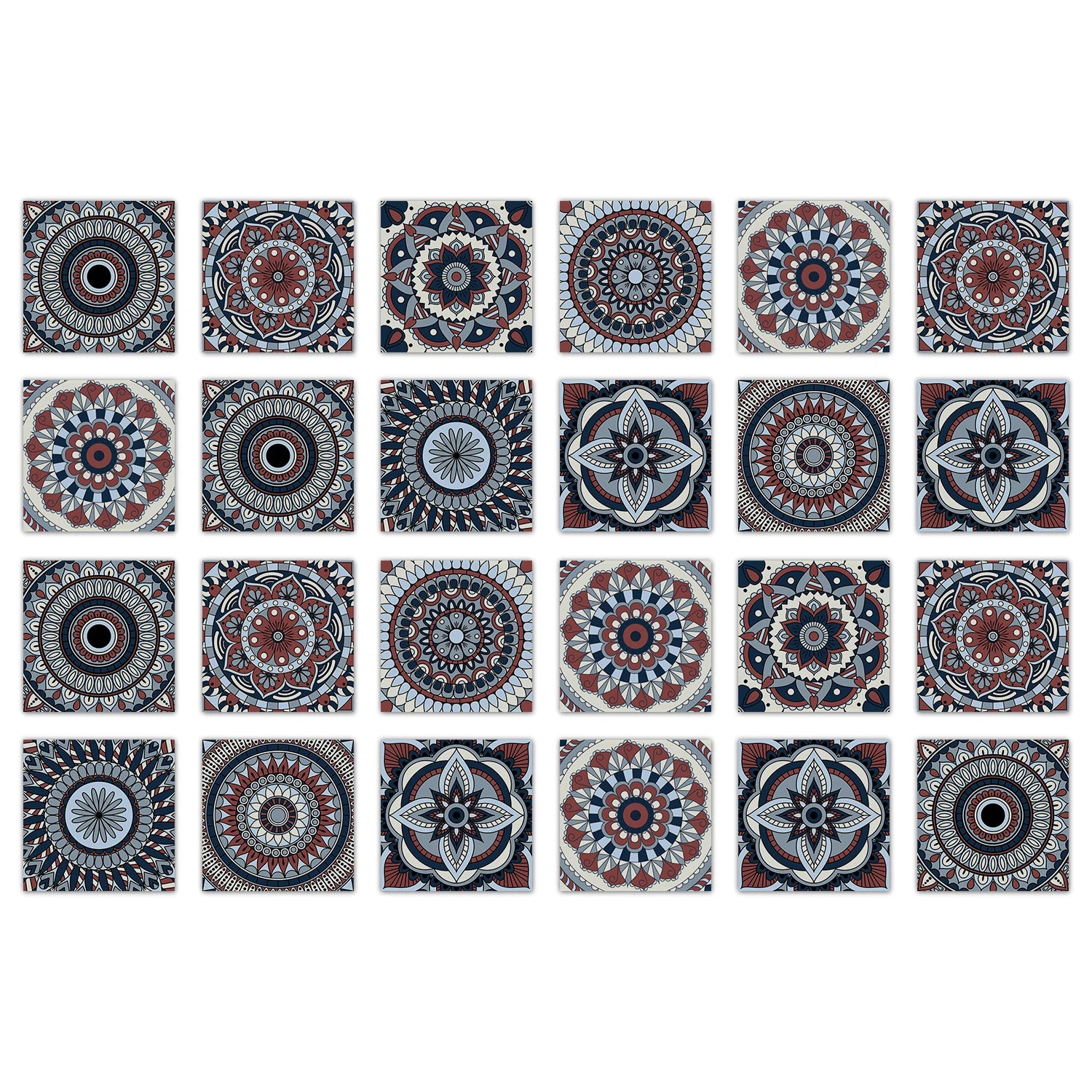 24 pieces of Mandala Pattern Glossy Self-adhesive Tile Stickers for Kitchen and Bathroom Removable Waterproof 3D Wall Decal