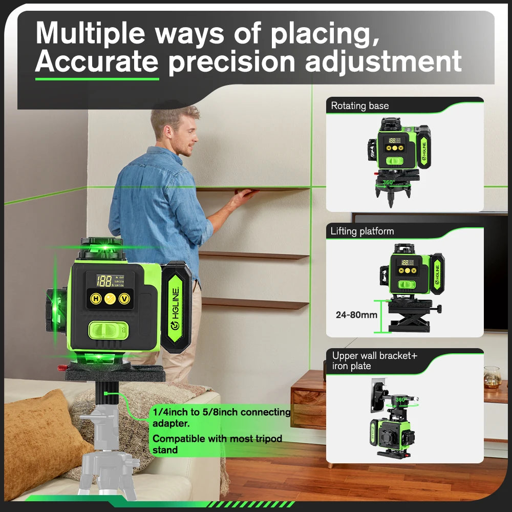 HGLINE 16 Lines 4D Laser Level APP Remote Control Rechargeable Self-leveling 360 Green Line leveling 6000mAh Big Li-ion Battery