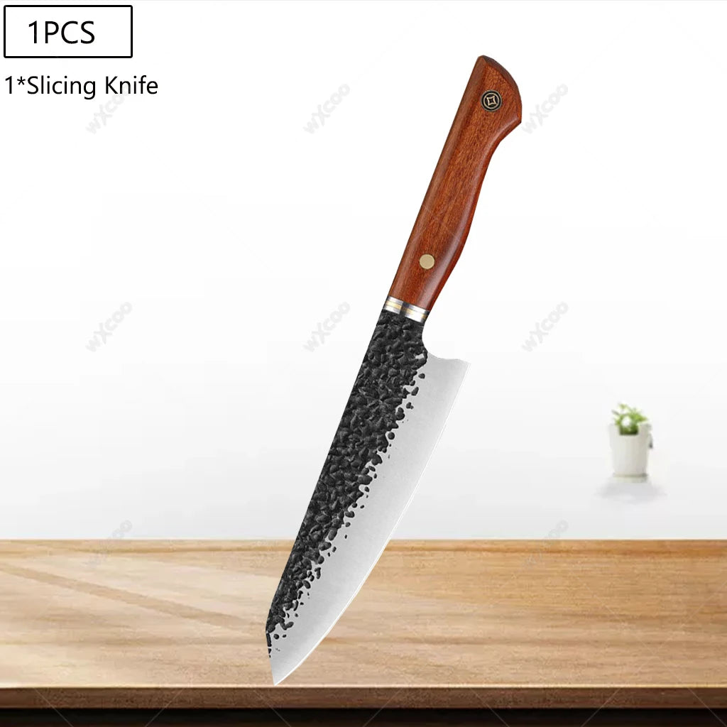 5CR15MOV Steel Chef Knife Set with Wooden Handle Forged Meat Cleaver Japanese Santoku Knife Kitchen Knife Storage Bag