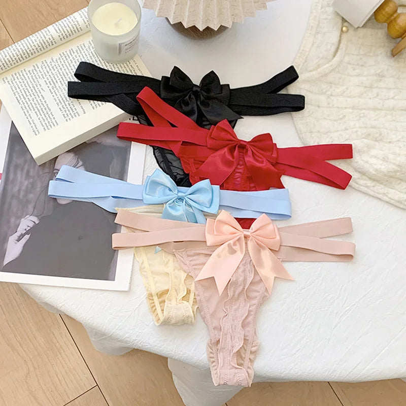 Lace Sexy Girls Briefs Women Panties Seamless Bowknot G String Thong Underwear Low Waist Female Adjustable Lingerie