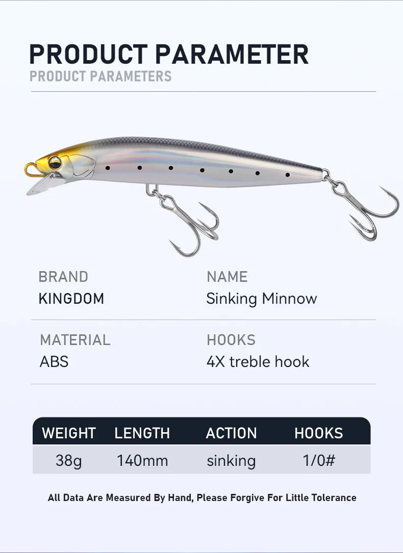 Kingdom Saltwater Minnow Lure 140mm 38g Sinking Wire Go Through Body Wobblers Long Casting Artifical Bait For Seabass Jerkbait