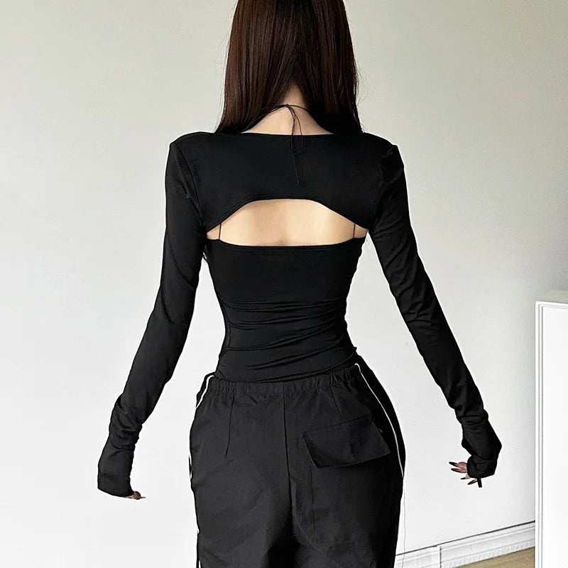 Goth Dark Cyber ​​Y2K Techwear Mall Gothic Hollow Out Straps Skinny Bodysuits With Long Sleeve Crop Shrug Tops Women 2 Piece Sets