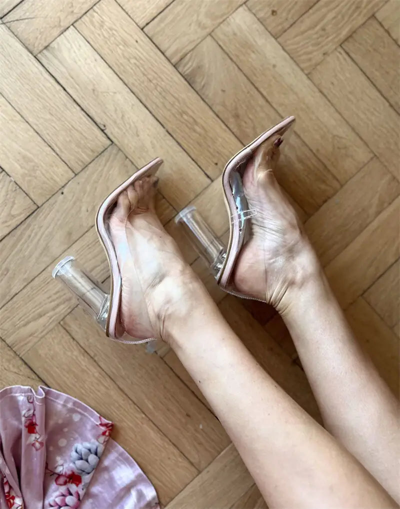 Onlymaker Women Pointed Toe PVC Clear High Heels Pumps Buckle Chunky Transparent Strip Big Size Summer Pumps