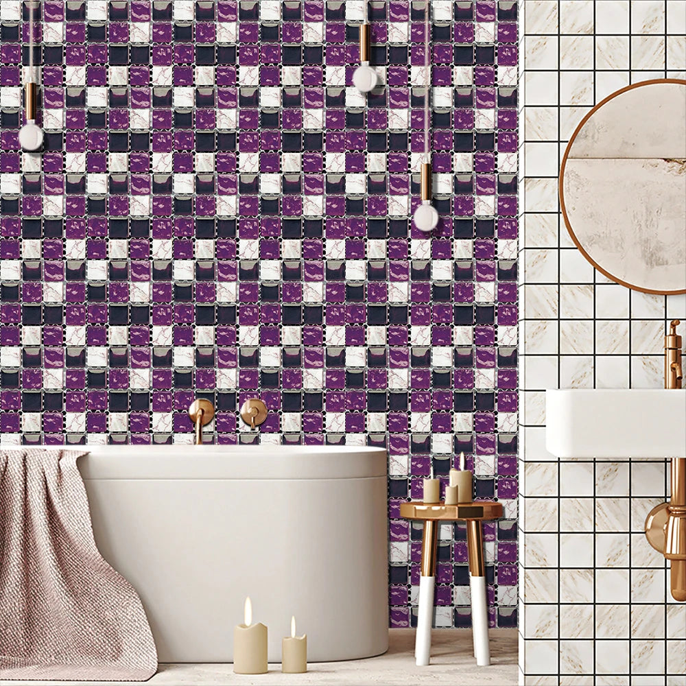 10pcs Flat Mosaic Style Tiles Sticker Kitchen Bathroom Waterproof &amp; Oilproof Art Wall Sticker Peel &amp; Stick Surface Glossy Film