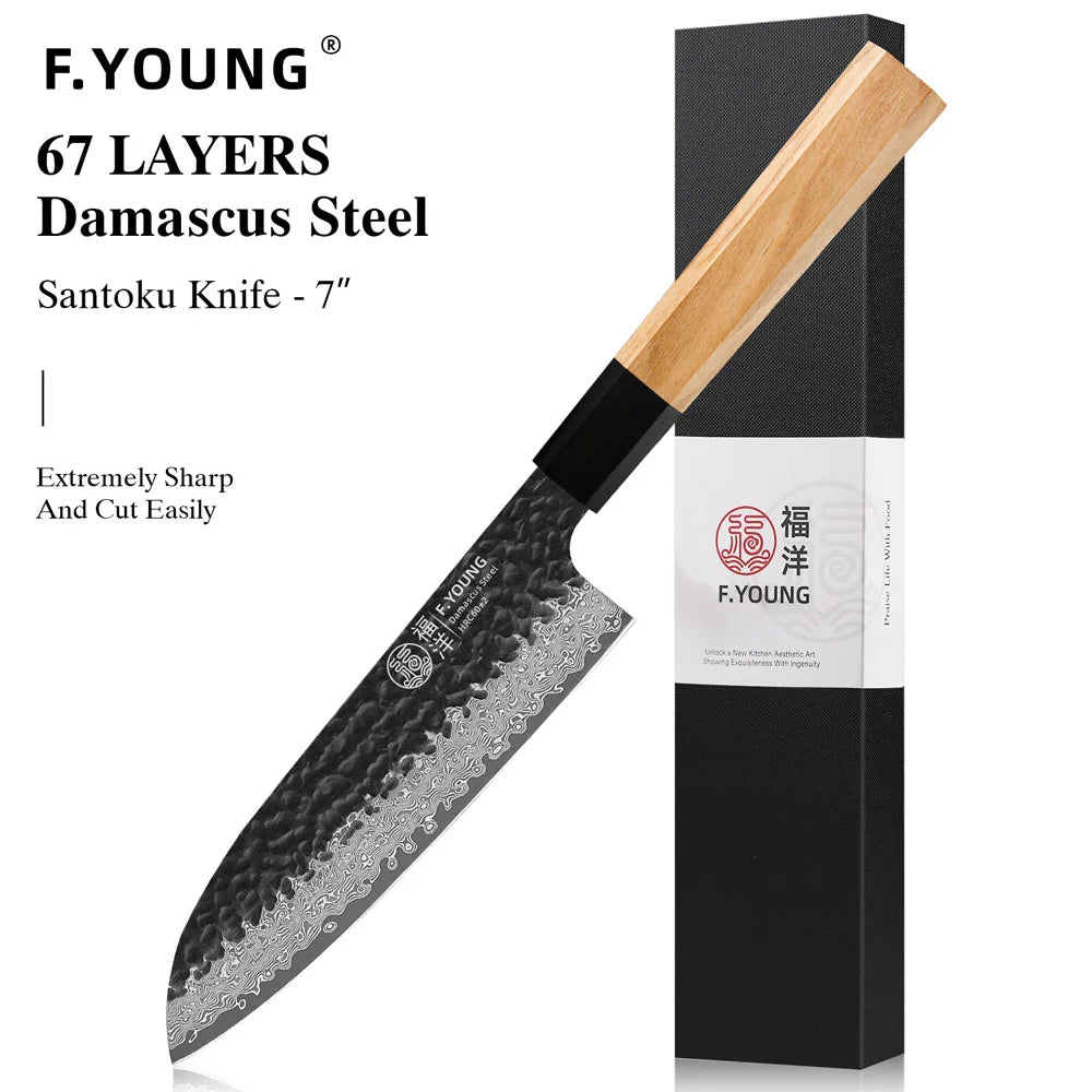 Dao Bếp Nhật F.YOUNG Rèn Tay Thép Damascus Cao Cấp