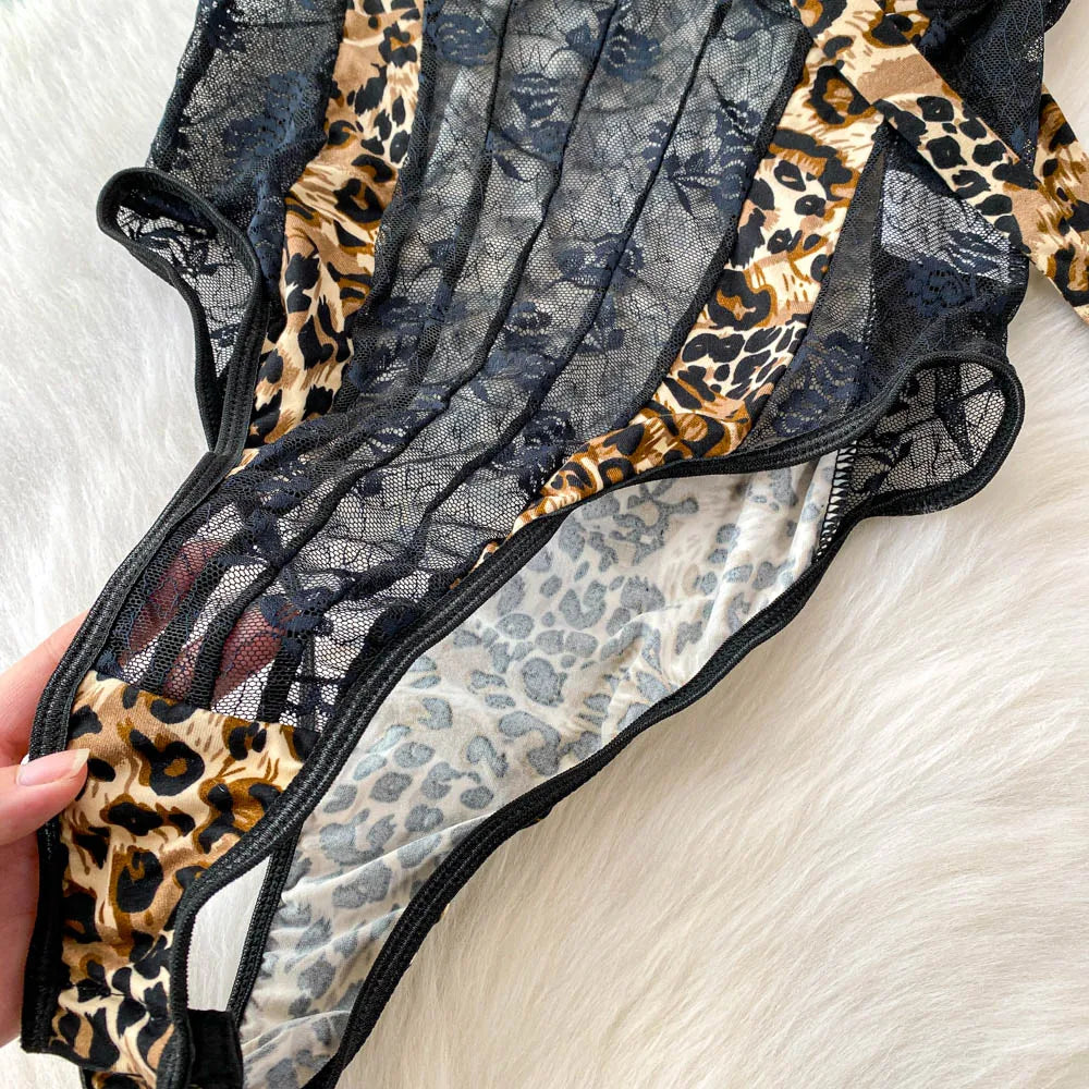 Women Hotsweet V-neck leopard slim Vintage Straps Bodysuits Chic lace Jumpsuits Slim Top Clothing