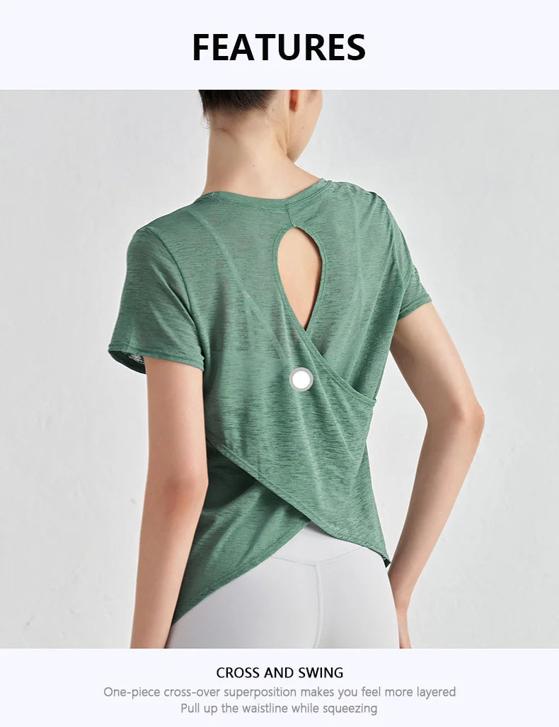 Áo Tập Gym Nữ Nylon Thoáng Mát Lưng Rỗng Ngắn Tay - Daisan Mart