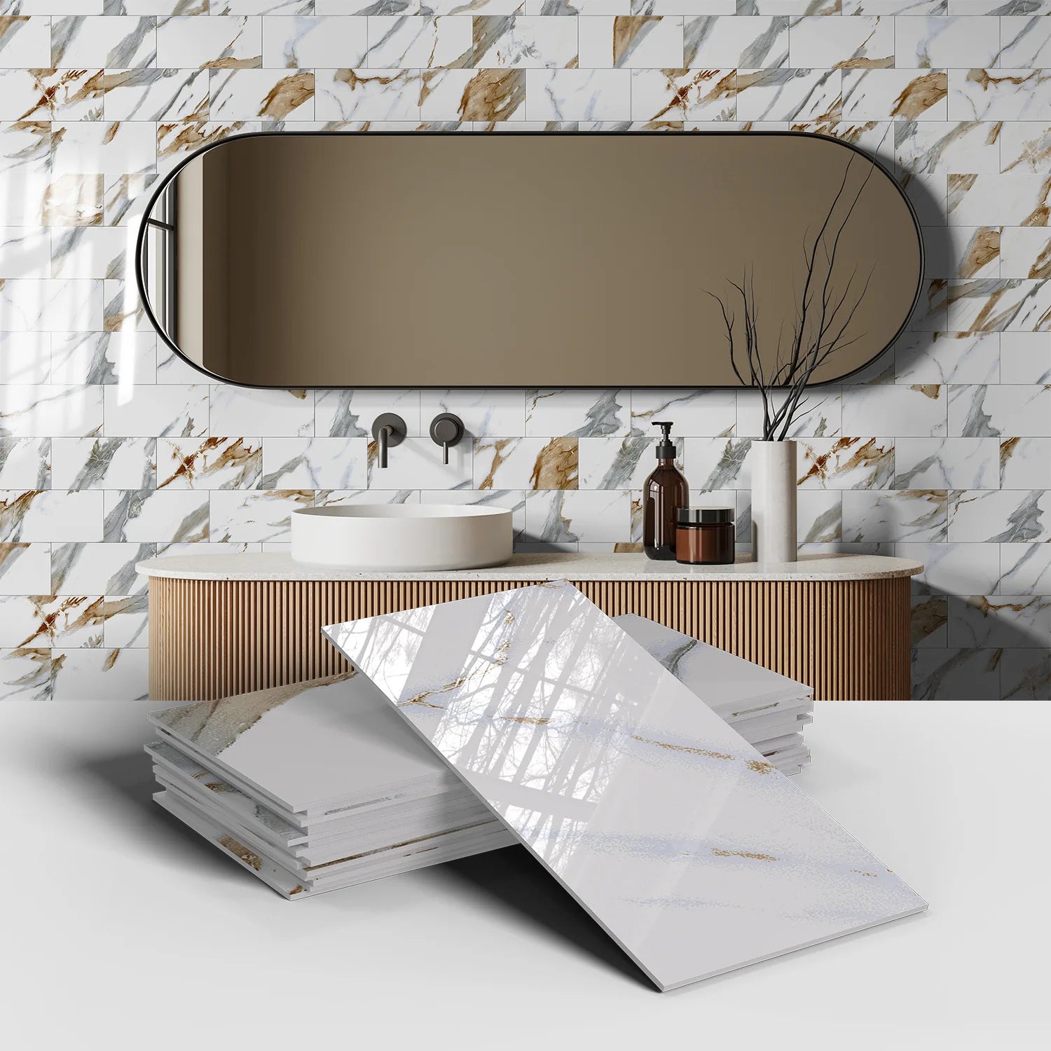 Set of 16 Waterproof Stone Pattern Foam Wall Stickers for Kitchen