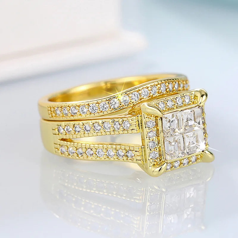 High-end Square Gold Ring with Stones, European and American Style