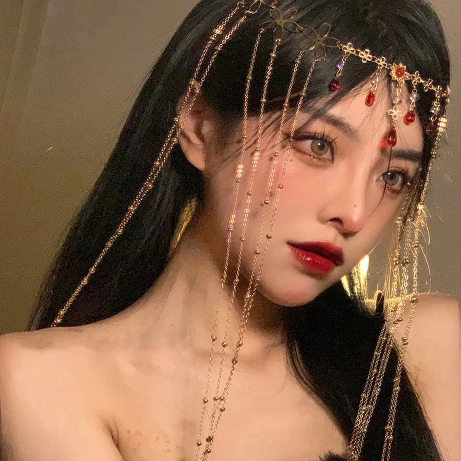 Trâm Cài Tóc Nữ Đá Đỏ Sang Trọng Hoa Rủ Quyến Rũ