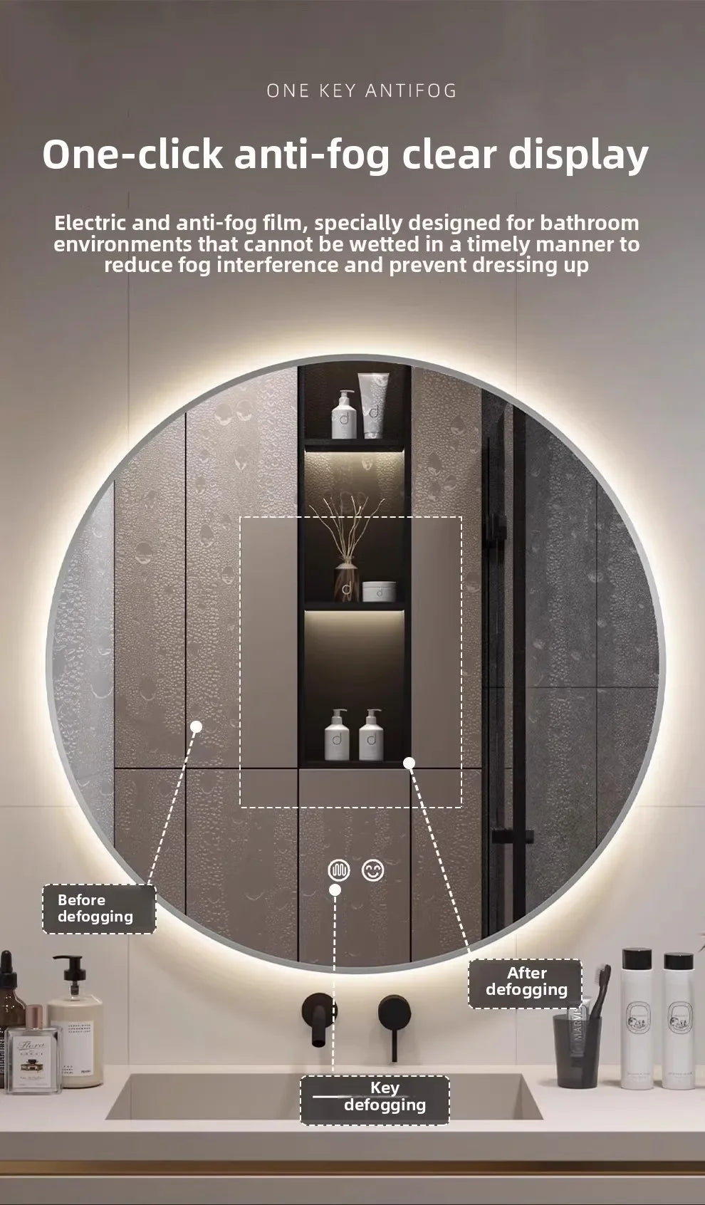 50CM Smart LED Mirror Anti-Fog Touch Sensor