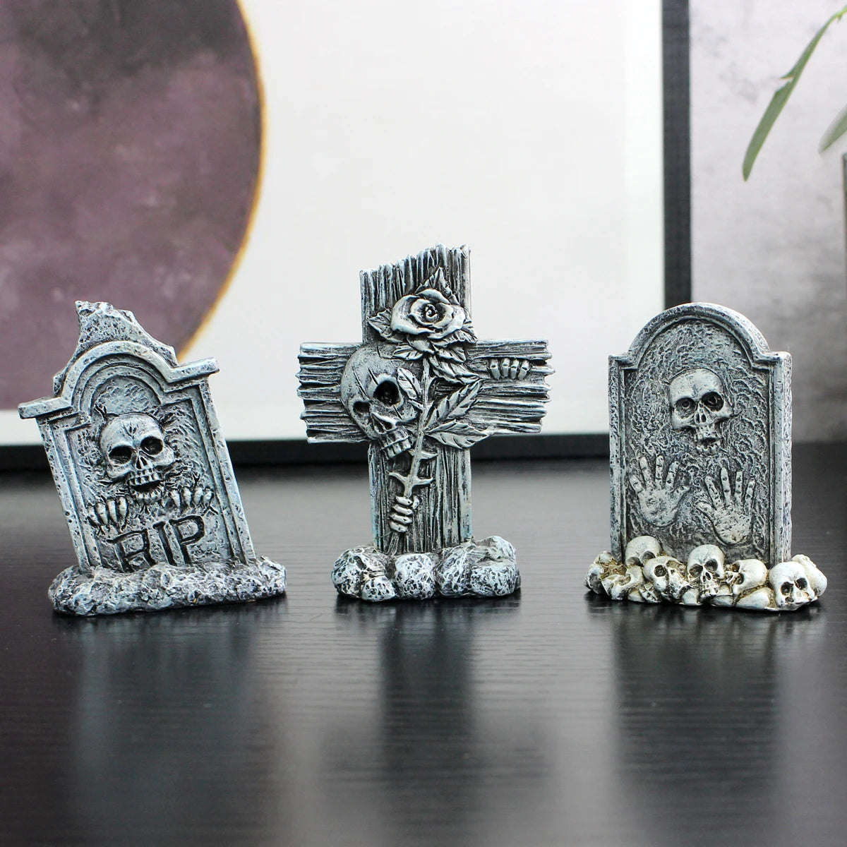 3-piece set of tombstone resin crafts, terrifying decorative statues in courtyard gardens, Halloween decorative statues, bonsai