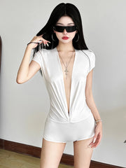 Nibber Deep v-Neck Bodysuits Women Folds Skinny High Elasticity Solid Simple Classic Sexy Midnight Summer Streetwear Outfits