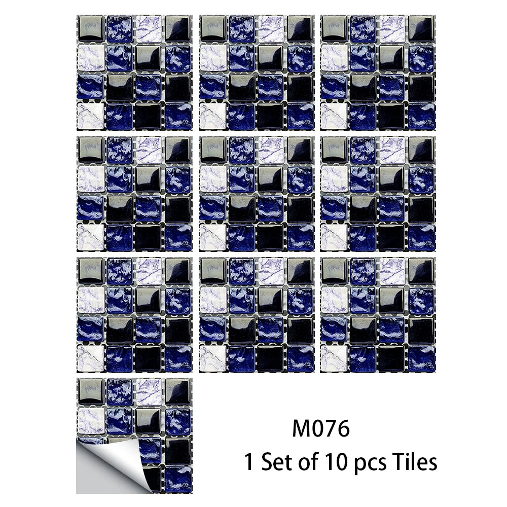 10pcs Flat Mosaic Style Tiles Sticker Kitchen Bathroom Waterproof &amp; Oilproof Art Wall Sticker Peel &amp; Stick Surface Glossy Film