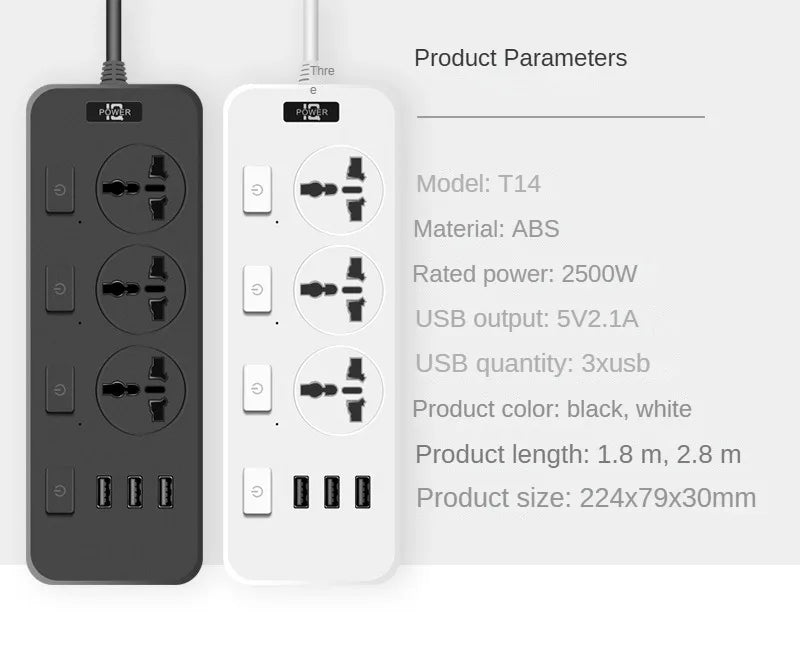 US UK EU Multi-function Power Plug-in Board 2m Extension Cable with USB Power Strip Household High-power Multi-plug Socket