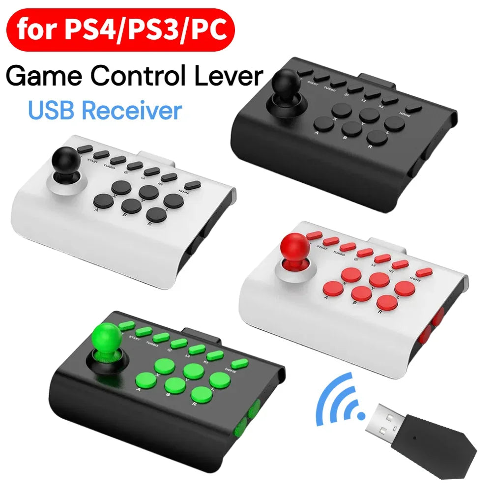 Bốn cần điều khiển game màu đen, trắng và xanh với nút điều khiển màu đỏ, xanh, đen. Có USB thu.