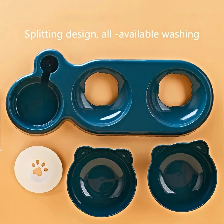 Pet Bowls With Water Feeder, 3 In 1 Ear Design Tilted Cat Water And Food Bowl Set With Gravity Water Bottle For Neck Protection - Daisan Mart