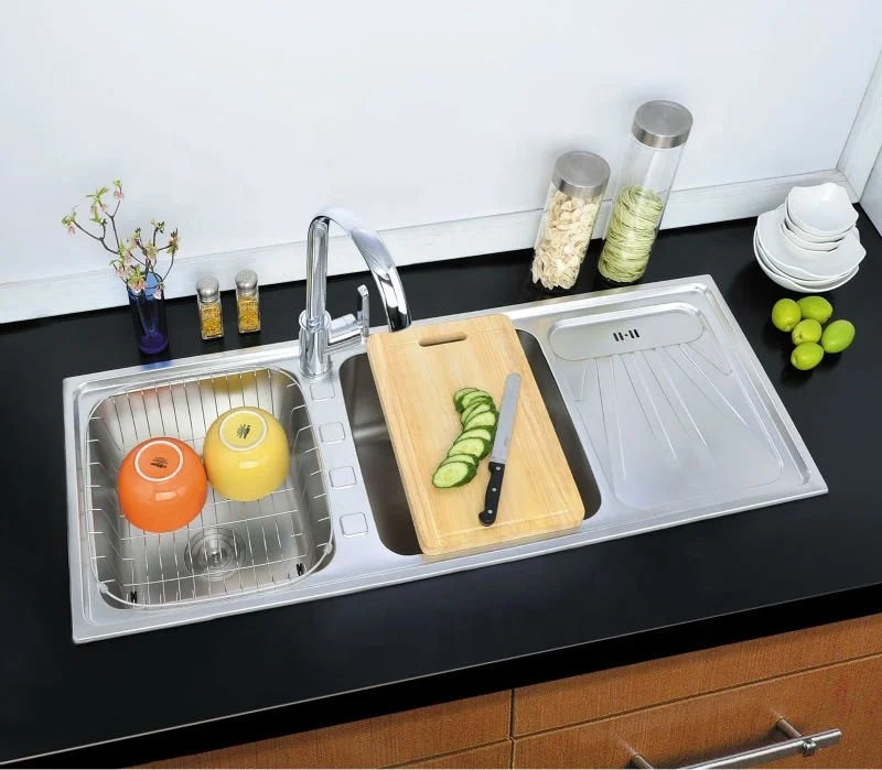 Modern Double Bowl Kitchen Bathroom Sink Mini Family Farmhouse Stainless Steel Washing Basins with Drainboard for Apartments - Daisan Mart