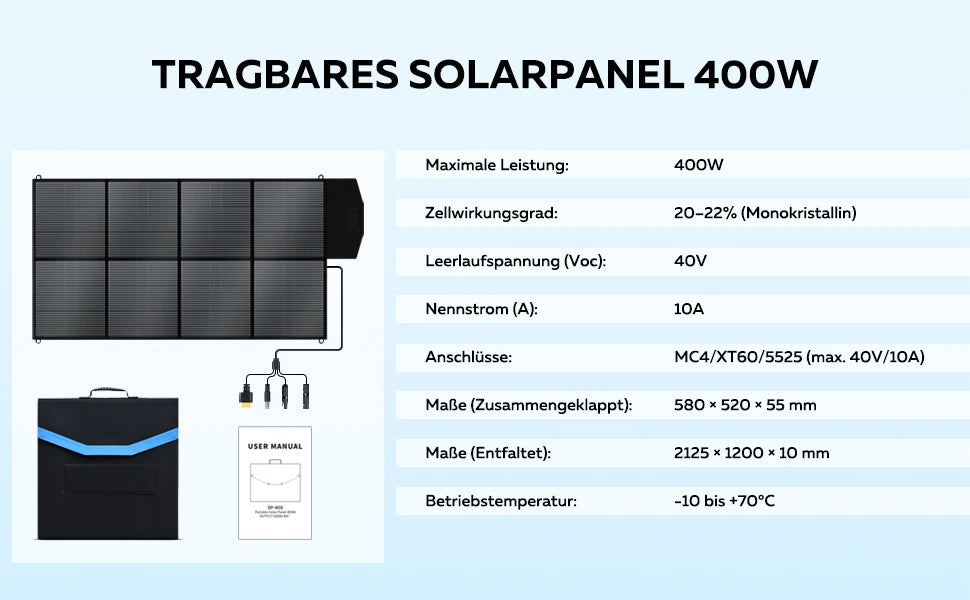 CTOLITY 400W Portable Solar Panel SP400 41V 9.8A Foldable Solar Charger Folding Bag Outdoor Power Supply RV, Camping, Off-Grid