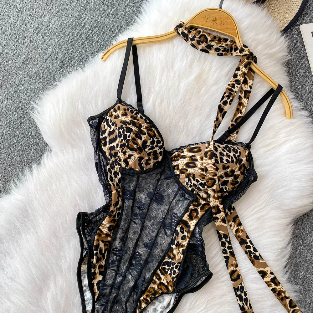 Women Hotsweet V-neck leopard slim Vintage Straps Bodysuits Chic lace Jumpsuits Slim Top Clothing