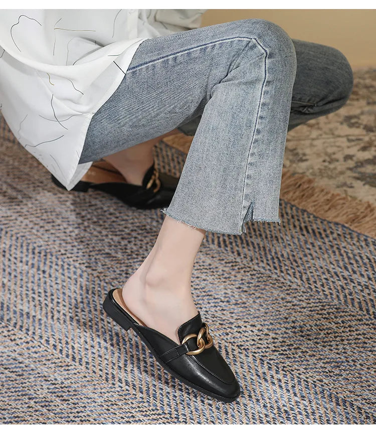 Women's Fashion Mules - Square Toe Black and White Chain