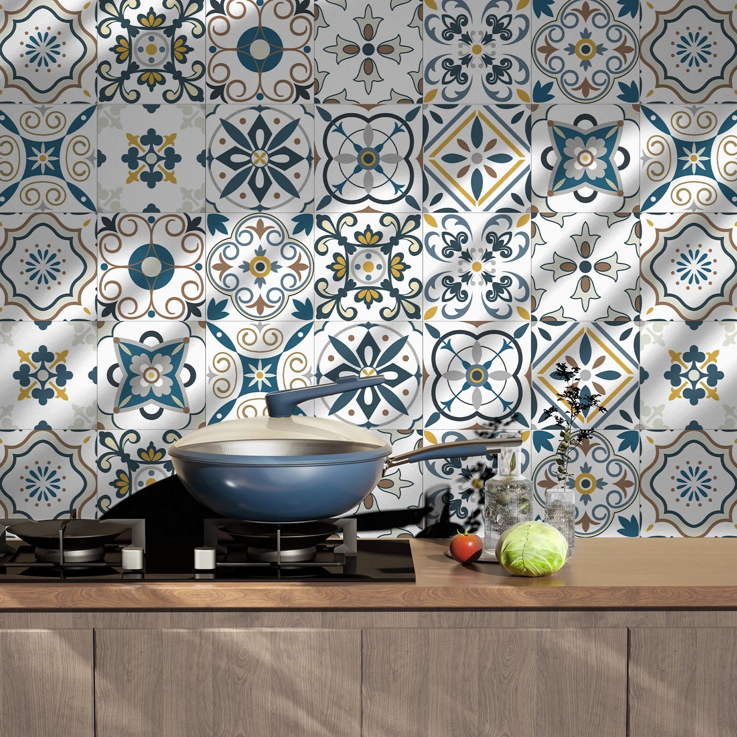 24 pieces of Mandala Pattern Glossy Self-adhesive Tile Stickers for Kitchen and Bathroom Removable Waterproof 3D Wall Decal