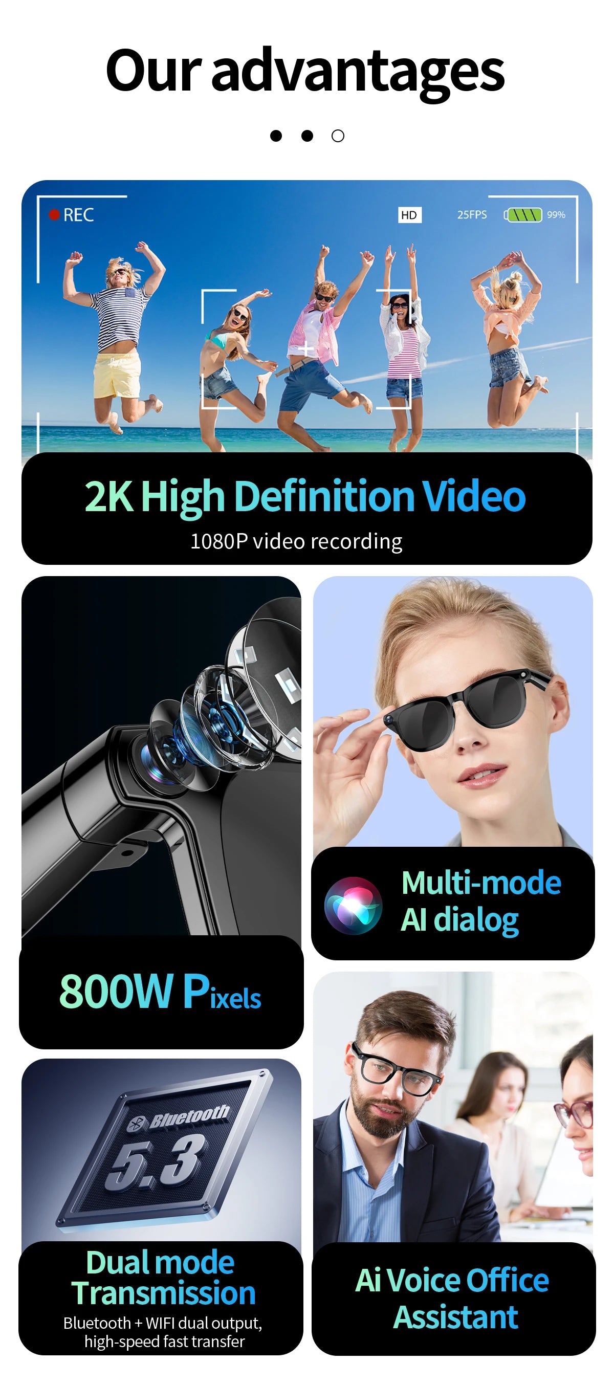 LIGE AI Smart Glasses 8MP HD Camera Video Bluetooth Call 270mAh Voice Control Identify Objects Translate Sunglasses Lenses Gifts
