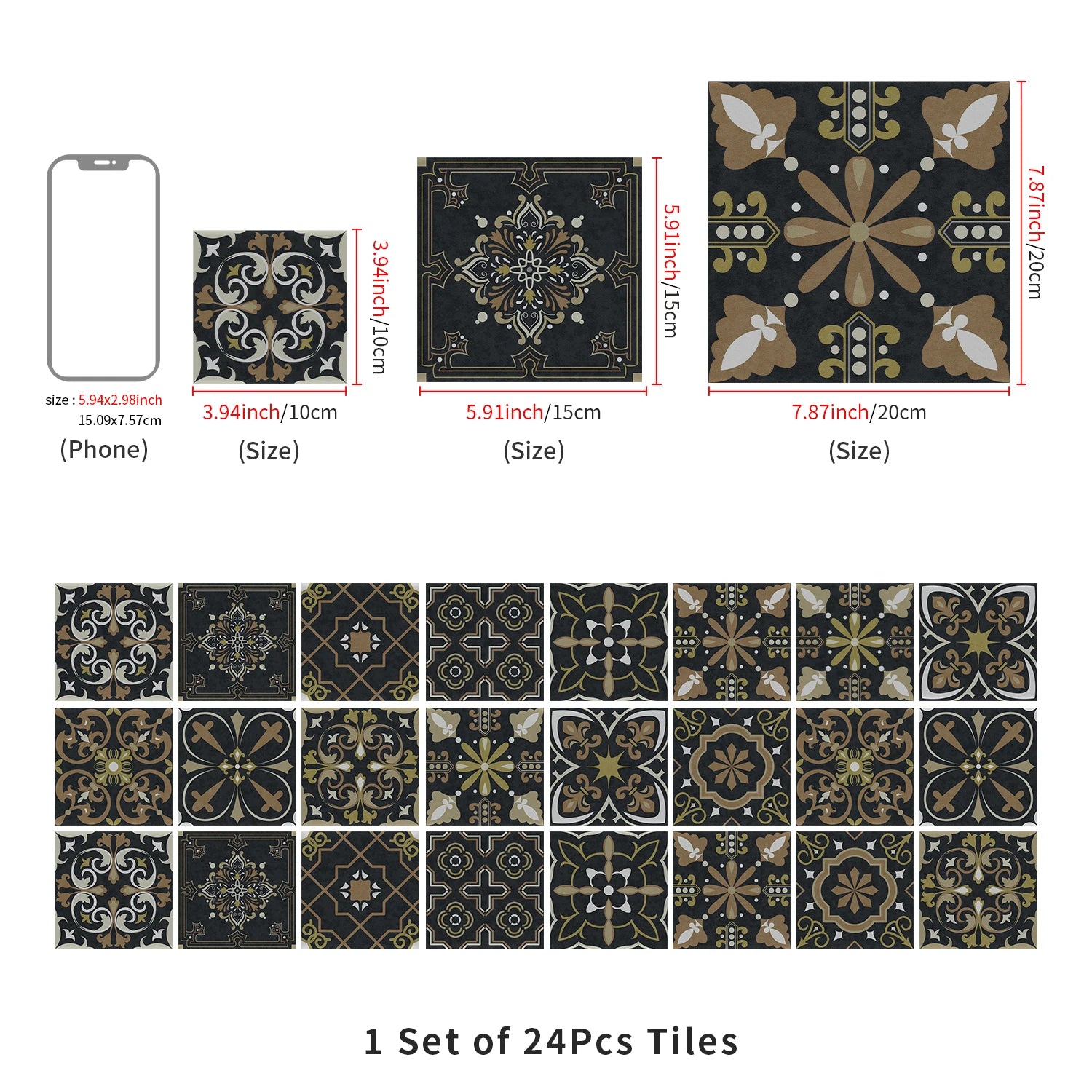 24 pieces of Mandala Pattern Glossy Self-adhesive Tile Stickers for Kitchen and Bathroom Removable Waterproof 3D Wall Decal