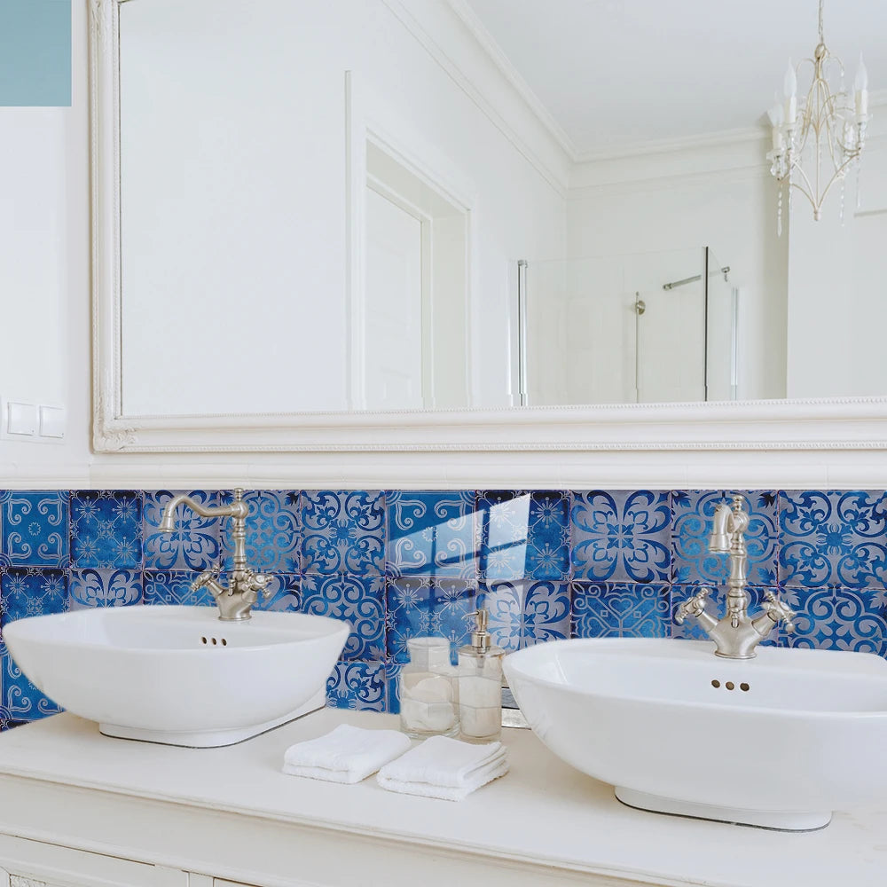 10pcs/set Dream Blue Tile Sticker Kitchen Backsplash Oil-proof Bathroom Waterproof Home Decor Wall Decals Peel &amp; Stick Art Mural