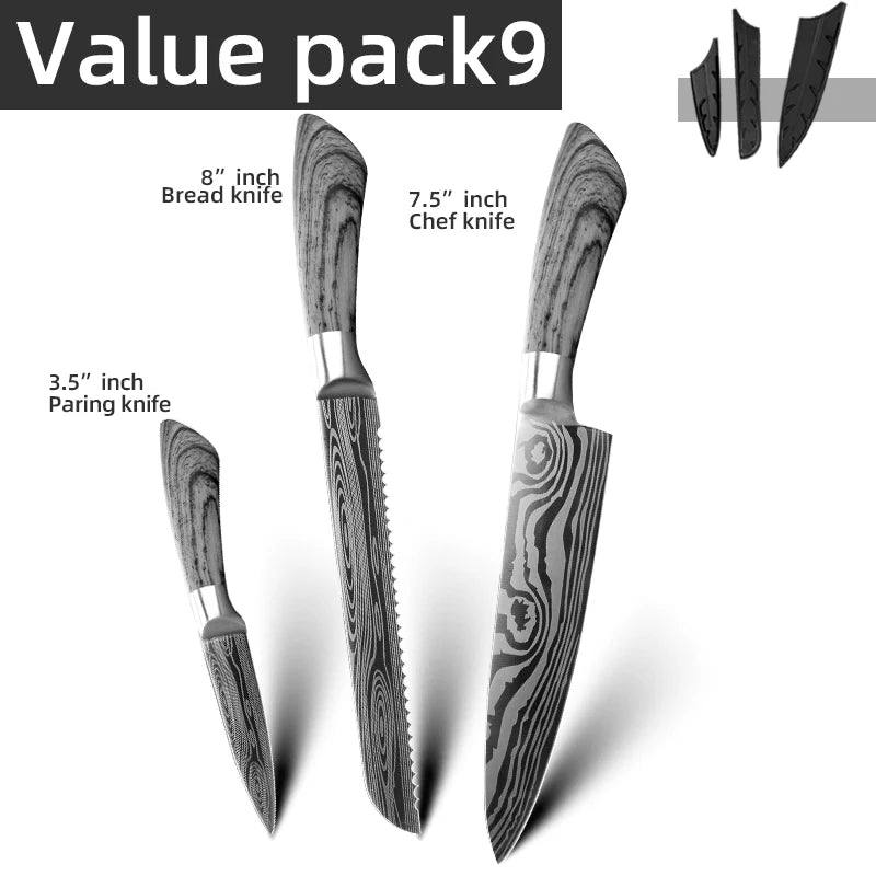 Bộ Dao Bếp Nhật Santoku 7Cr17 440C Vân Damascus