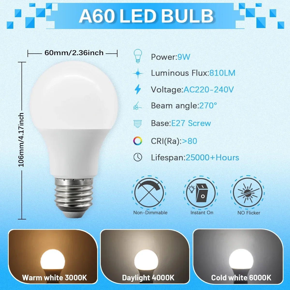 Set of 12 E27 LED Bulbs Full Watt Super Bright 220V 240V