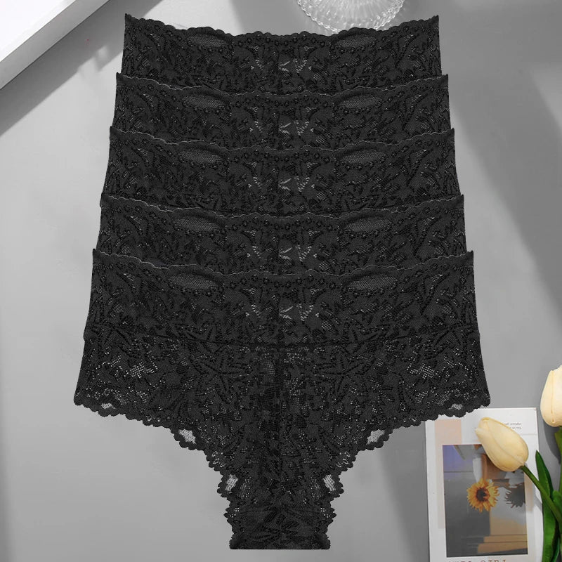 5PCS Women's Sexy Lace Star High Waist Thongs Solid Color Hollow Out Transparents Underwear Female Perspective G-strings S-XXL