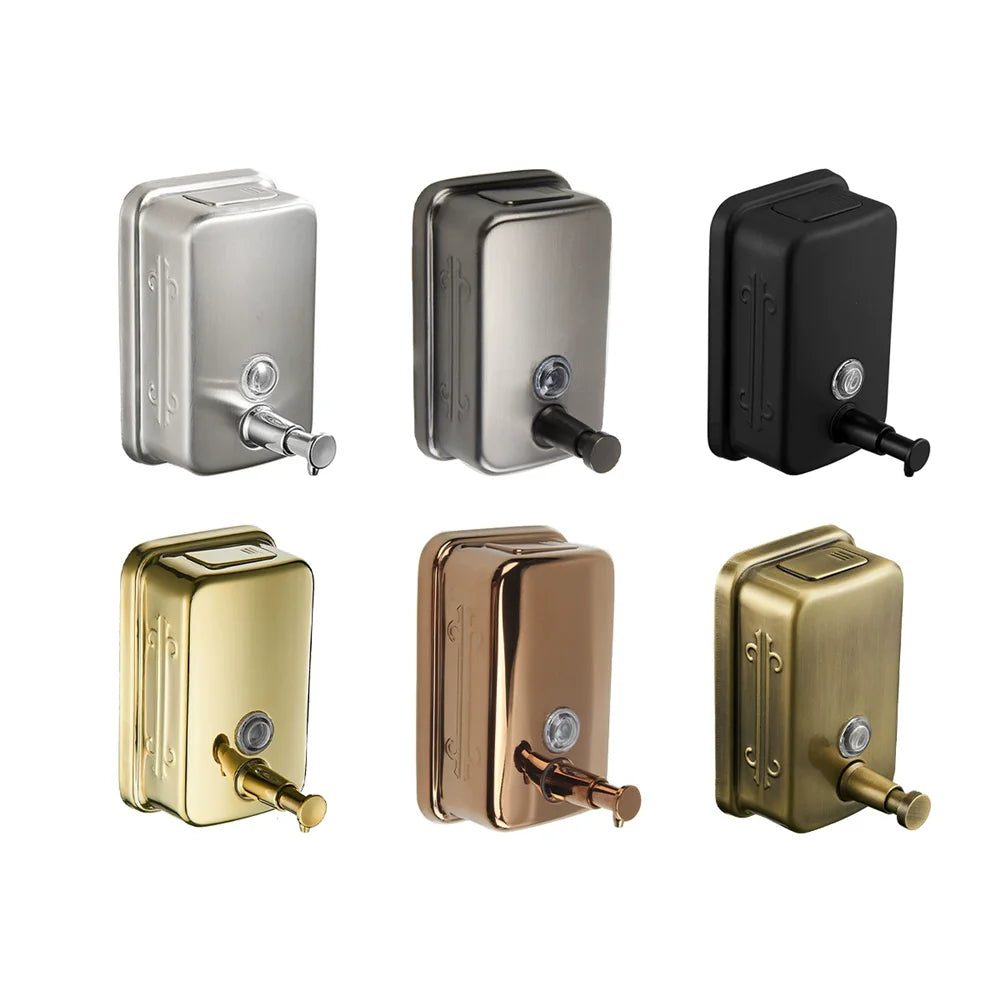 Sáu vòi nước inox với màu bạc, đen, vàng, đồng, nâu, và xanh lá trên nền trắng.