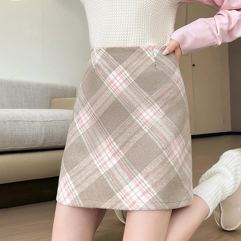 Autumn Winter Korean Plaid Woolen Skirt Women High Waist Slimming Wrap Hip Mini Skirts Y2K Thicken Warm Short A-Line Skirt Mujer - Daisan Mart