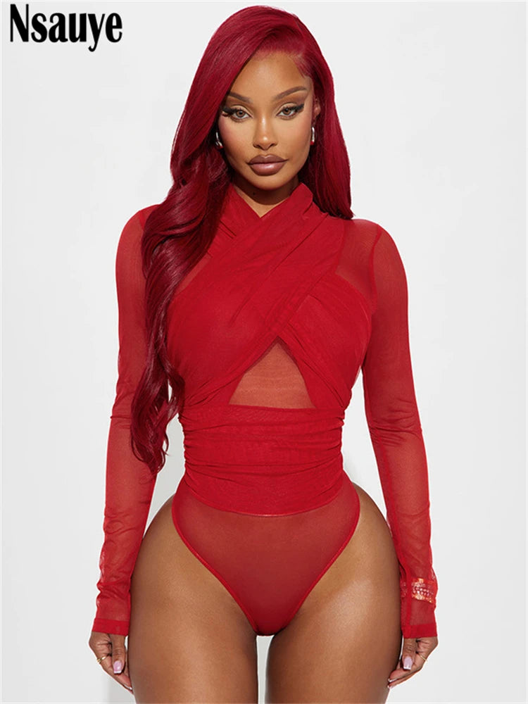 Nsauye Sexy Tights Long Sleeve High Waist Hollow Out Night Club Fashion Women Bodysuit Tops Y2K One Pieces Skinny Rompers 2025