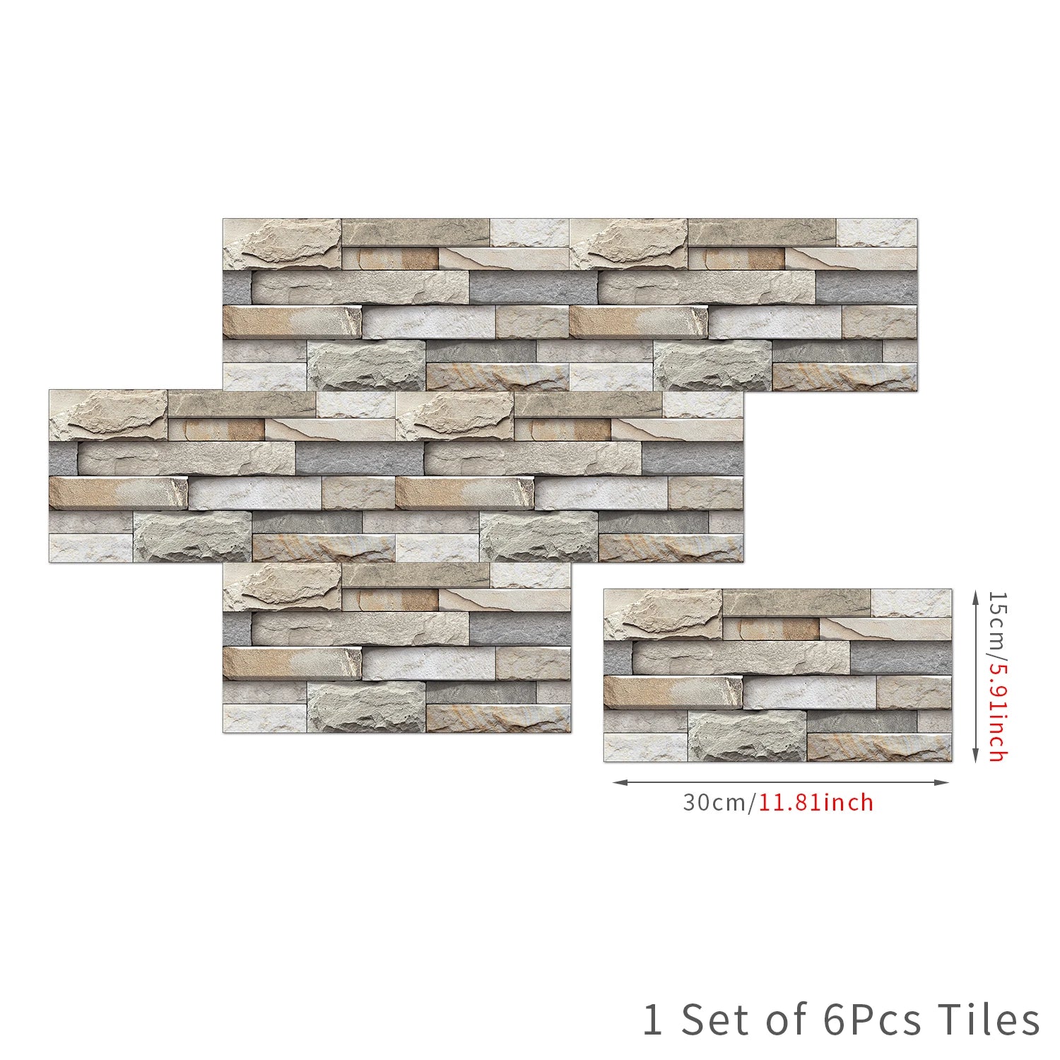 6Pcs 3D Self-Adhesive Wall Sticker 30x15cm Oil Proof Waterproof Brick Stone Imitation Brick Tile Stone Particle Wallpaper Decals