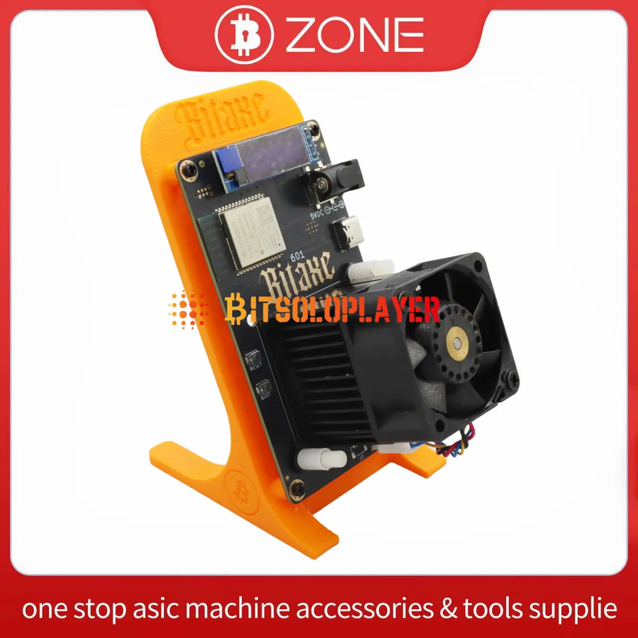 Bảng mạch màu đen với quạt, giá đỡ màu cam, trên nền viền đỏ có chữ "ZONE".