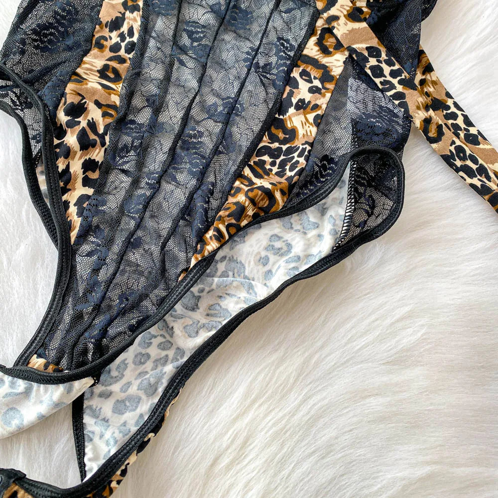 Women Hotsweet V-neck leopard slim Vintage Straps Bodysuits Chic lace Jumpsuits Slim Top Clothing